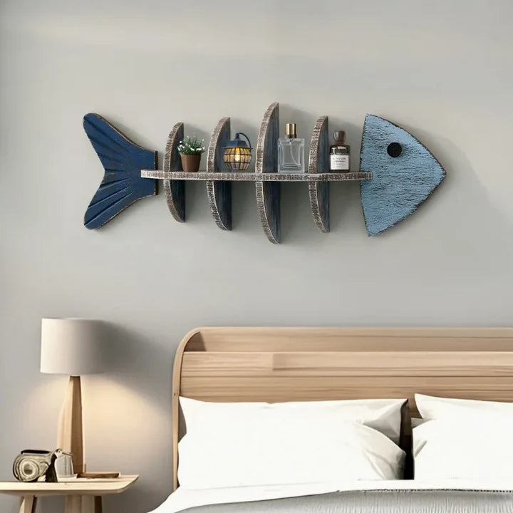 Træ vægreol i fiskeskeletdesign