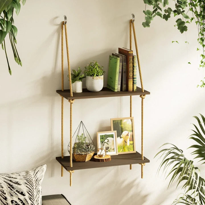 Hængende træ vægreol med jutereb
